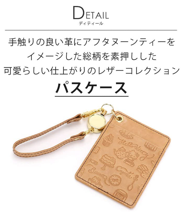 Sanrio Hello Kitty Genuine Leather Pass Case with Reel Strap Beige Cowhide- Japan Figure Store - #1 Bring To You The Best Japanese Goods