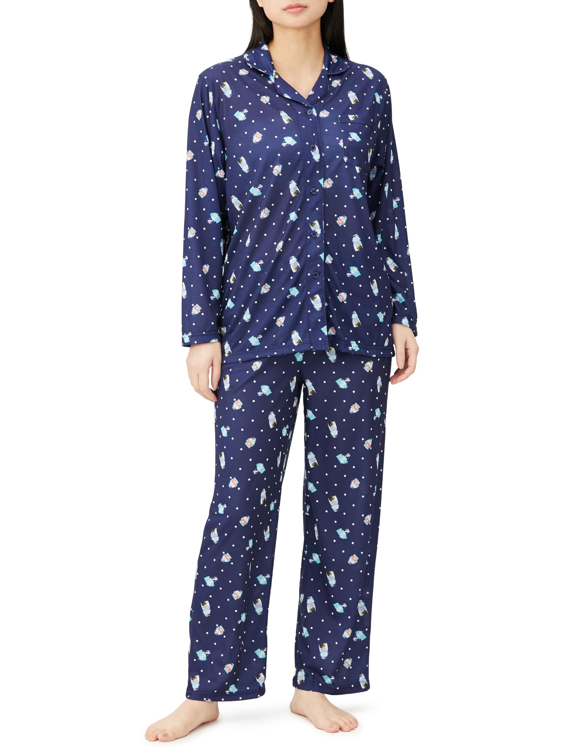 Sanrio Women's Navy Long Sleeve Pajama Set with Hangyodon and Cinnamoroll- Japan Figure Store - #1 Bring To You The Best Japanese Goods