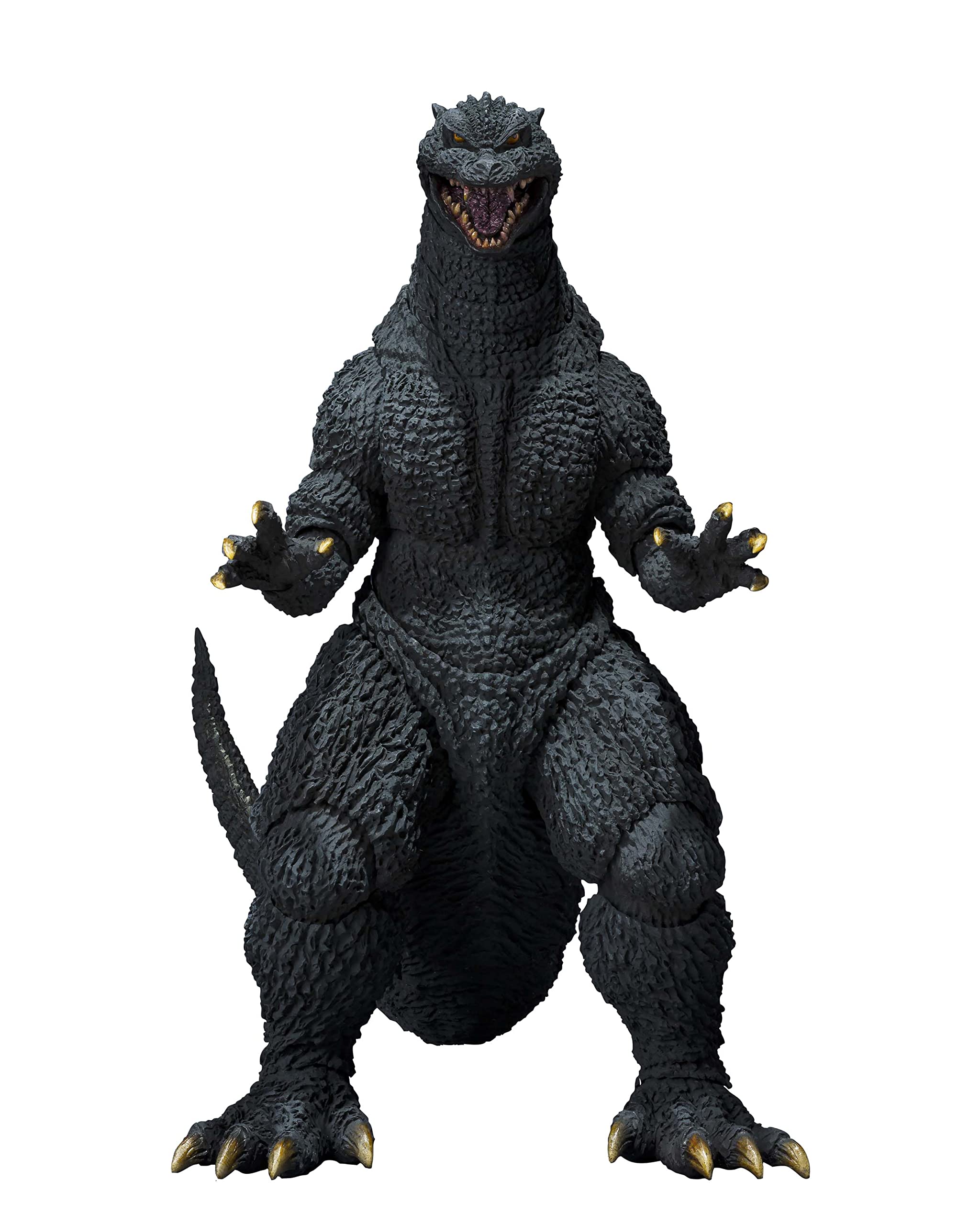 A detailed action figure of Godzilla, standing upright with arms raised and mouth open, showcasing its textured skin and sharp claws.