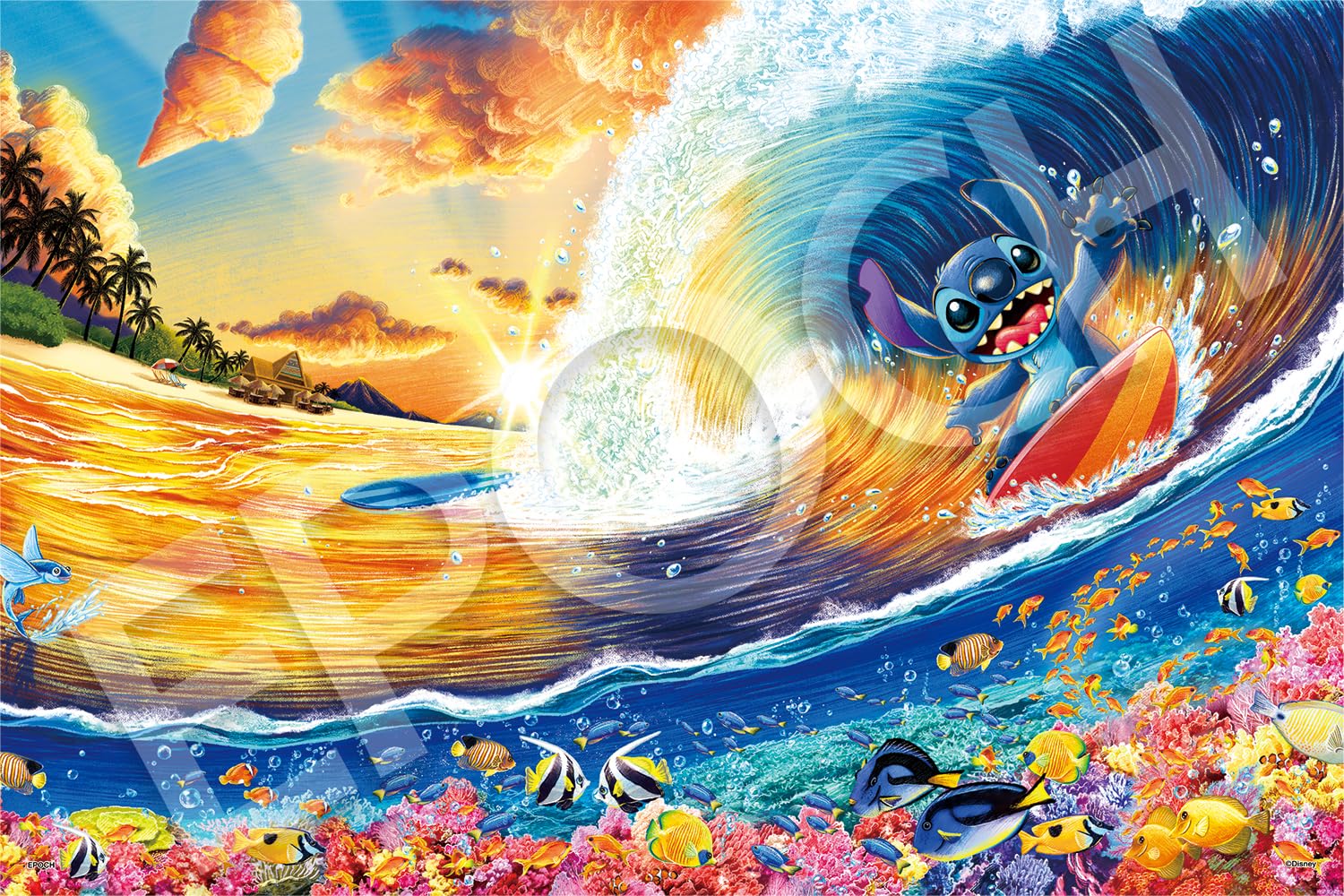 Epoch 1000 Piece Jigsaw Puzzle Disney Stitch Sunset Surfing 50x75cm with Glue