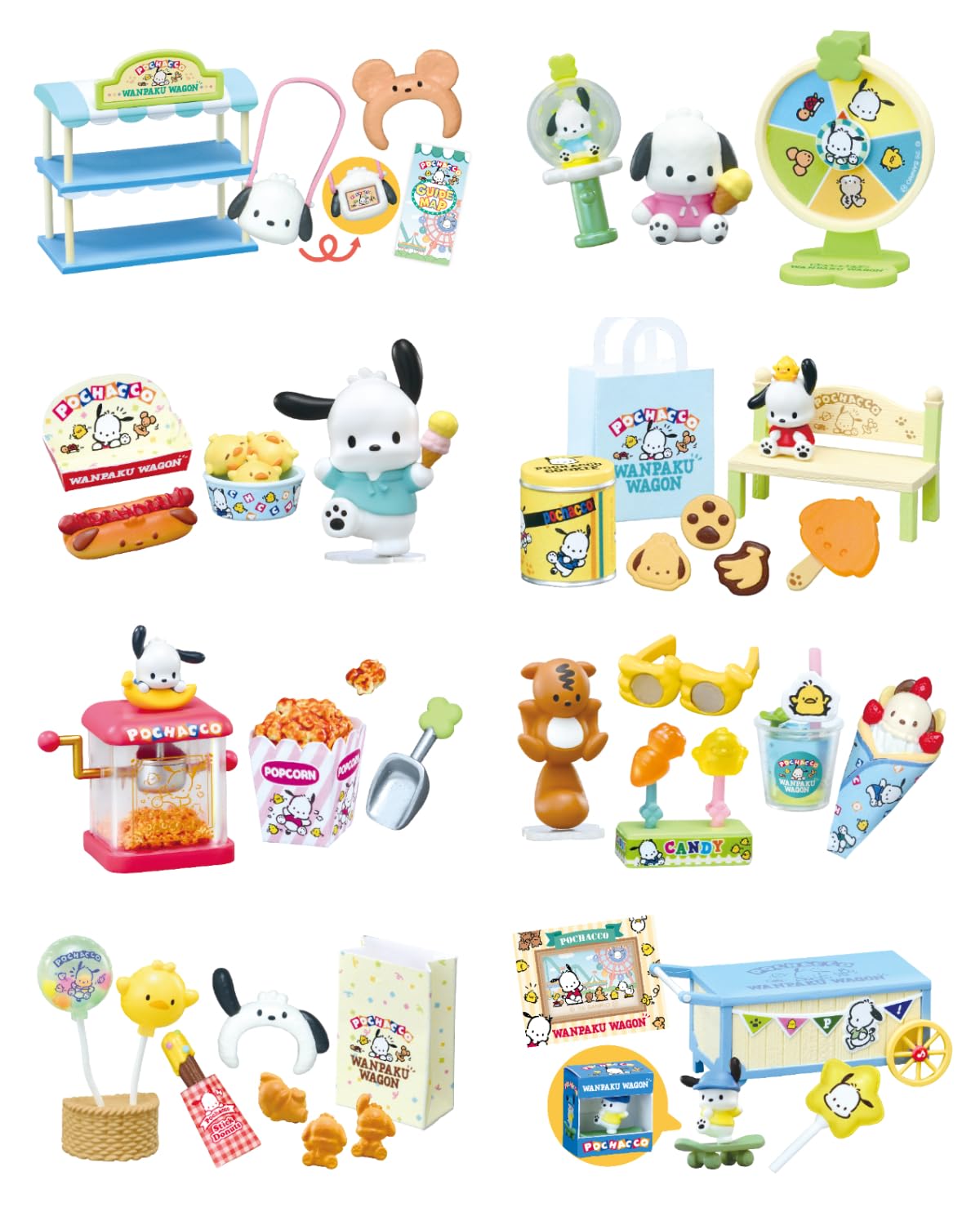 Re-Ment Sanrio Pochacco - Ensemble de 8 figurines en PVC et ABS représentant un wagon d'attraction de parc d'amusement.