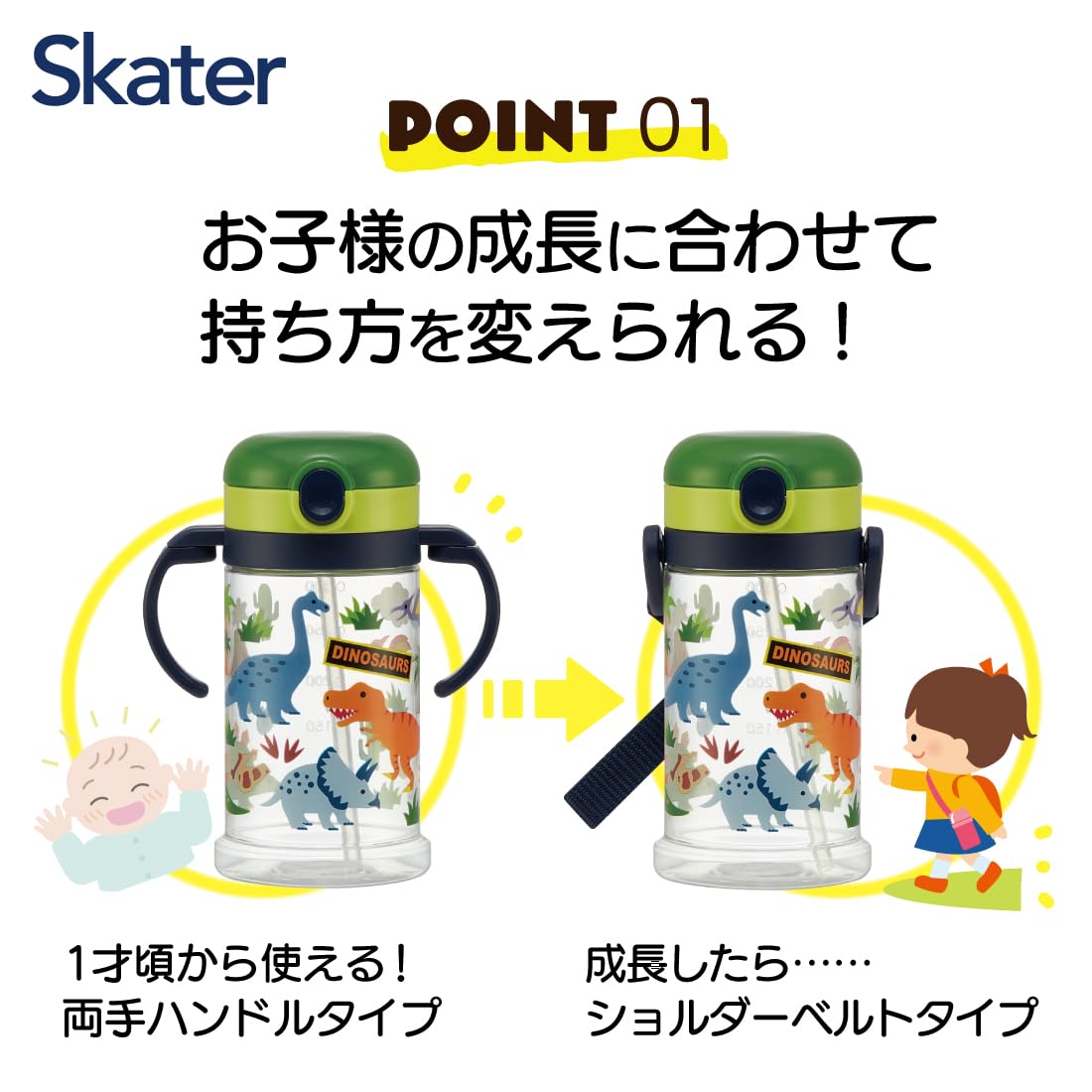 Skater Dinosaur Baby Straw Mug 370ml Foldable Handle Shoulder Strap Suitable for 1 Year and Up- Japan Figure Store - #1 Bring To You The Best Japanese Goods