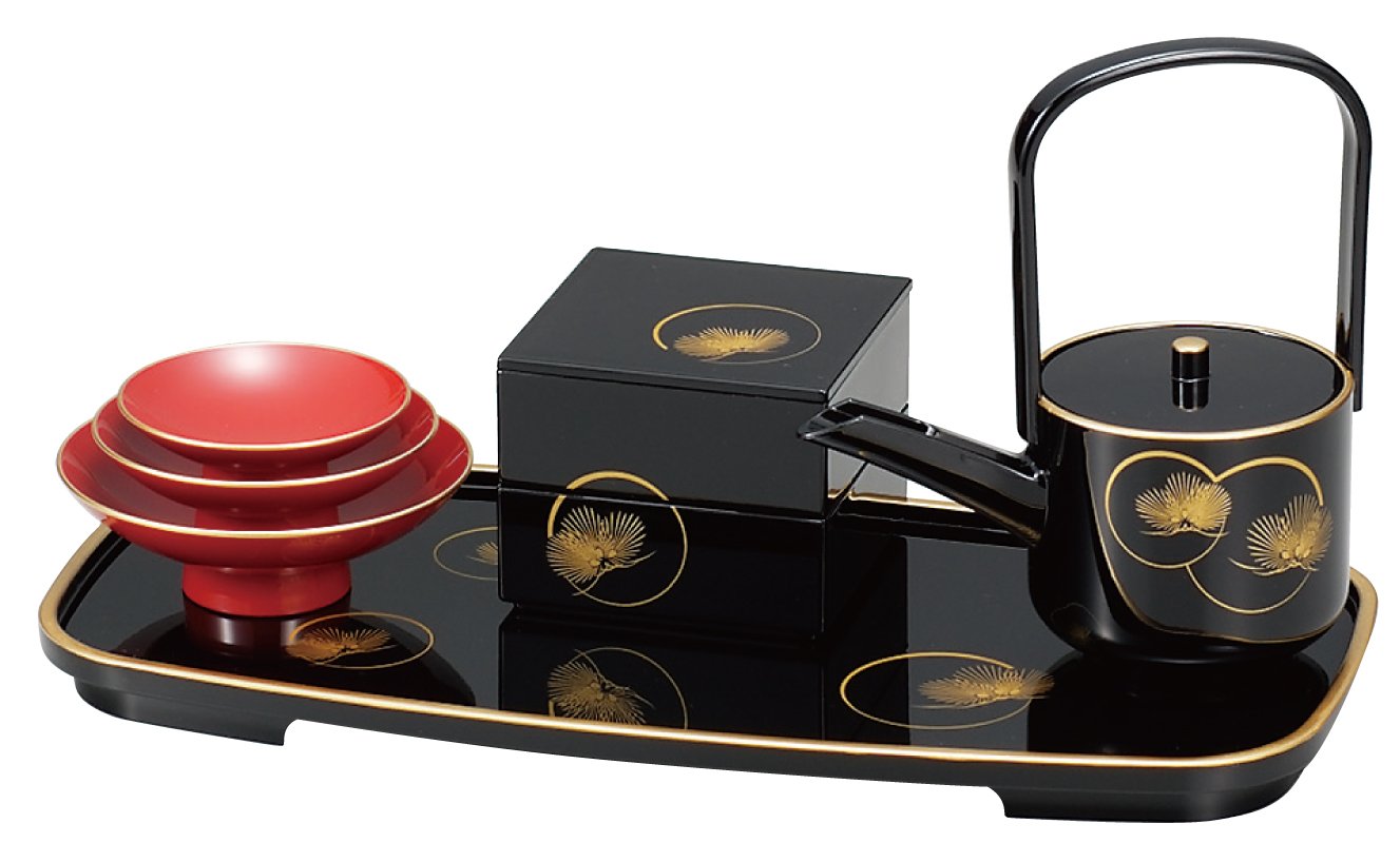 Maeju Japan Lacquerware Toso Korinmatsu Black Sake Cup Choshi Mini Jubako Tosodai Set 7L-013- Japan Figure Store - #1 Bring To You The Best Japanese Goods